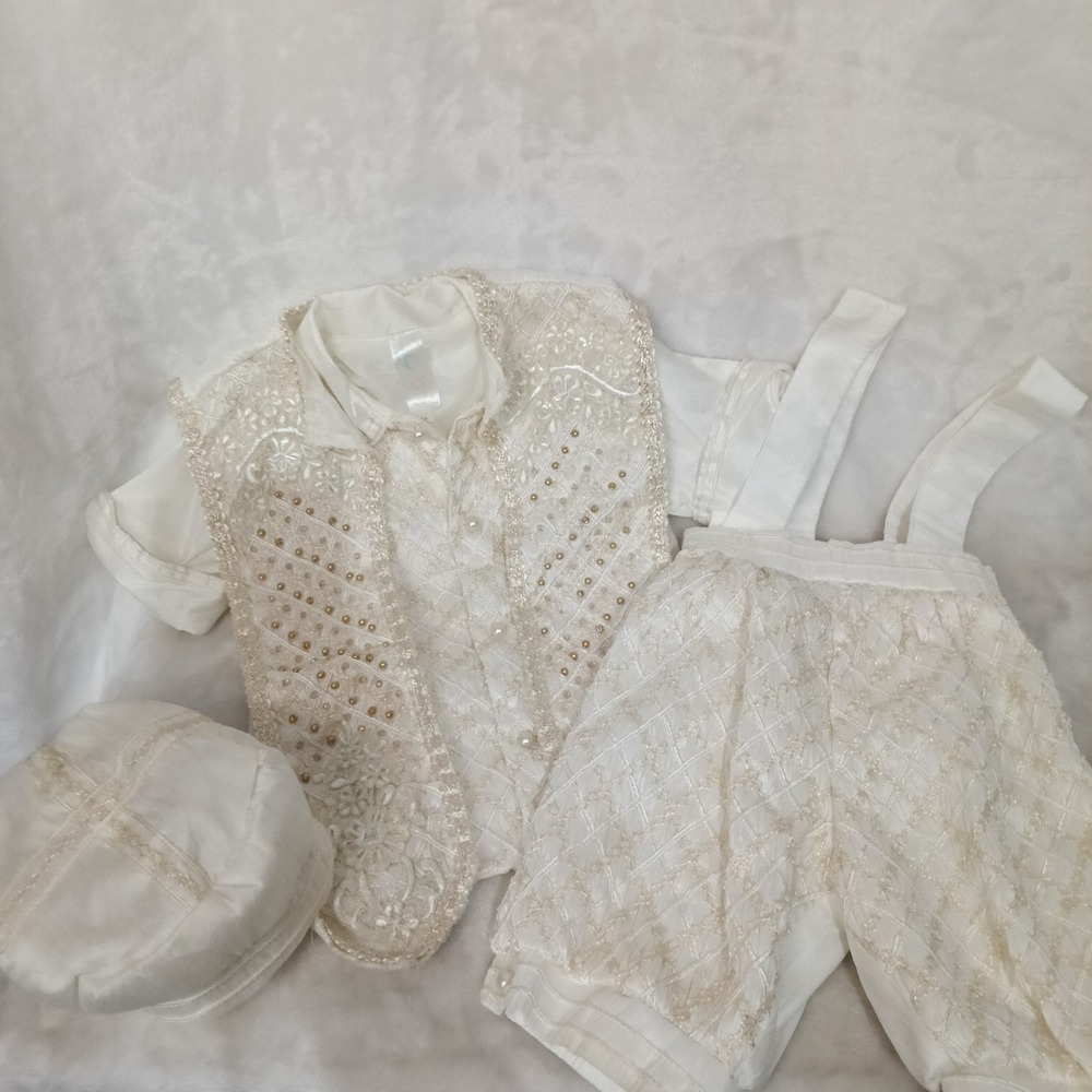 Toque de Angel White 4Pc Baby Boy Baptism Christening Suit Vest Shorts Hat Sz 2